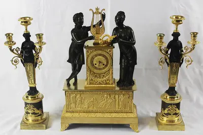 Каминный гарнитур в стиле ампир — часы «Орфей и Эвридика », канделябры с античными кариатидами