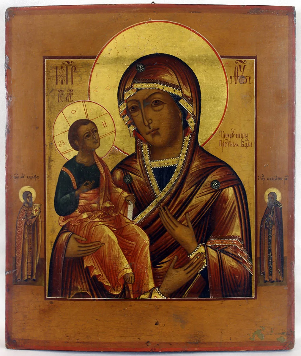 Старинная икона «Божья Матерь »Троеручица"