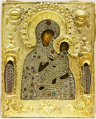 Старинная икона «Богоматерь Тихвинская» в окладе с камнями и бисером