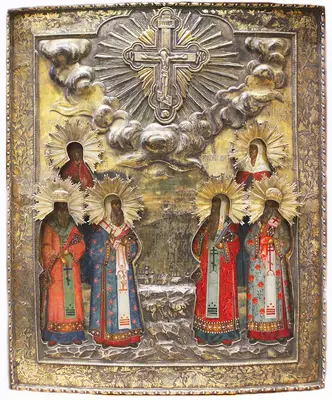 Старинная икона «Распятие, Параскева, Алексей митрополит, Филипп митрополит, Мария Магдалена, митрополит Петр, митрополит Иона» в окладе