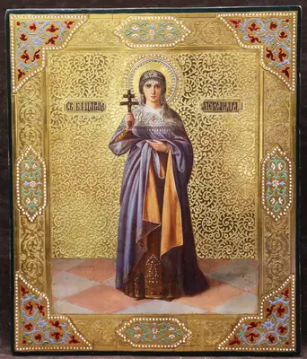 Старинная икона «Святая царица Александра» на золотом фоне