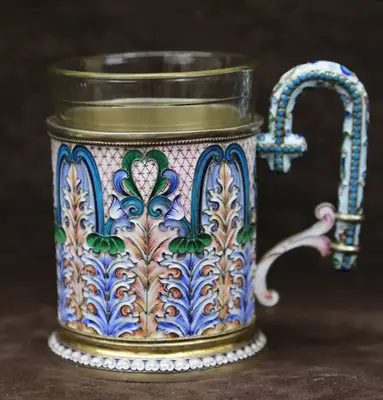 Старинный подстаканник с расписной эмалью и листьями аканта